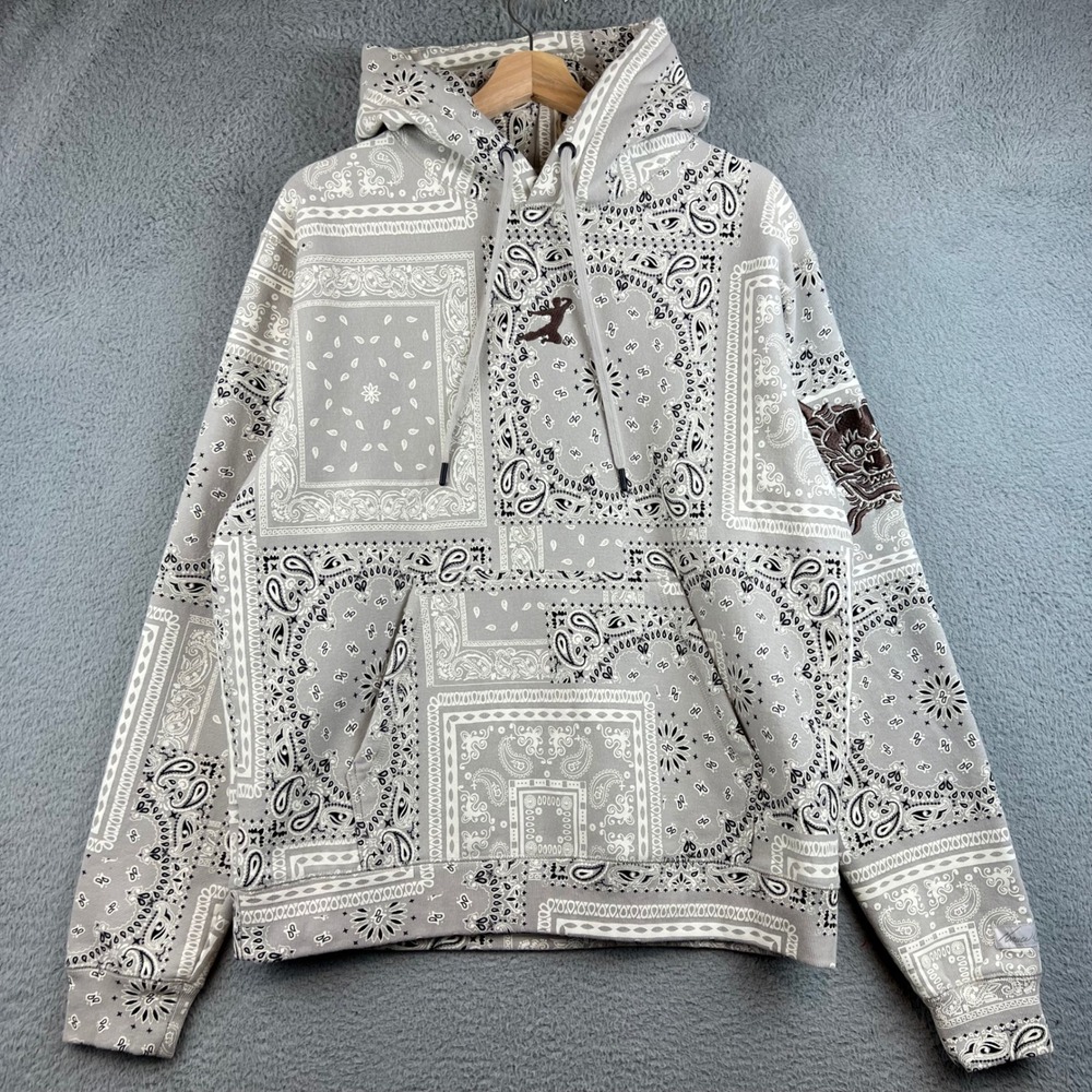 Bruce Lee Bandana Paisley Print Hoodie Grey Mens M Dragon Embroidery Pullover